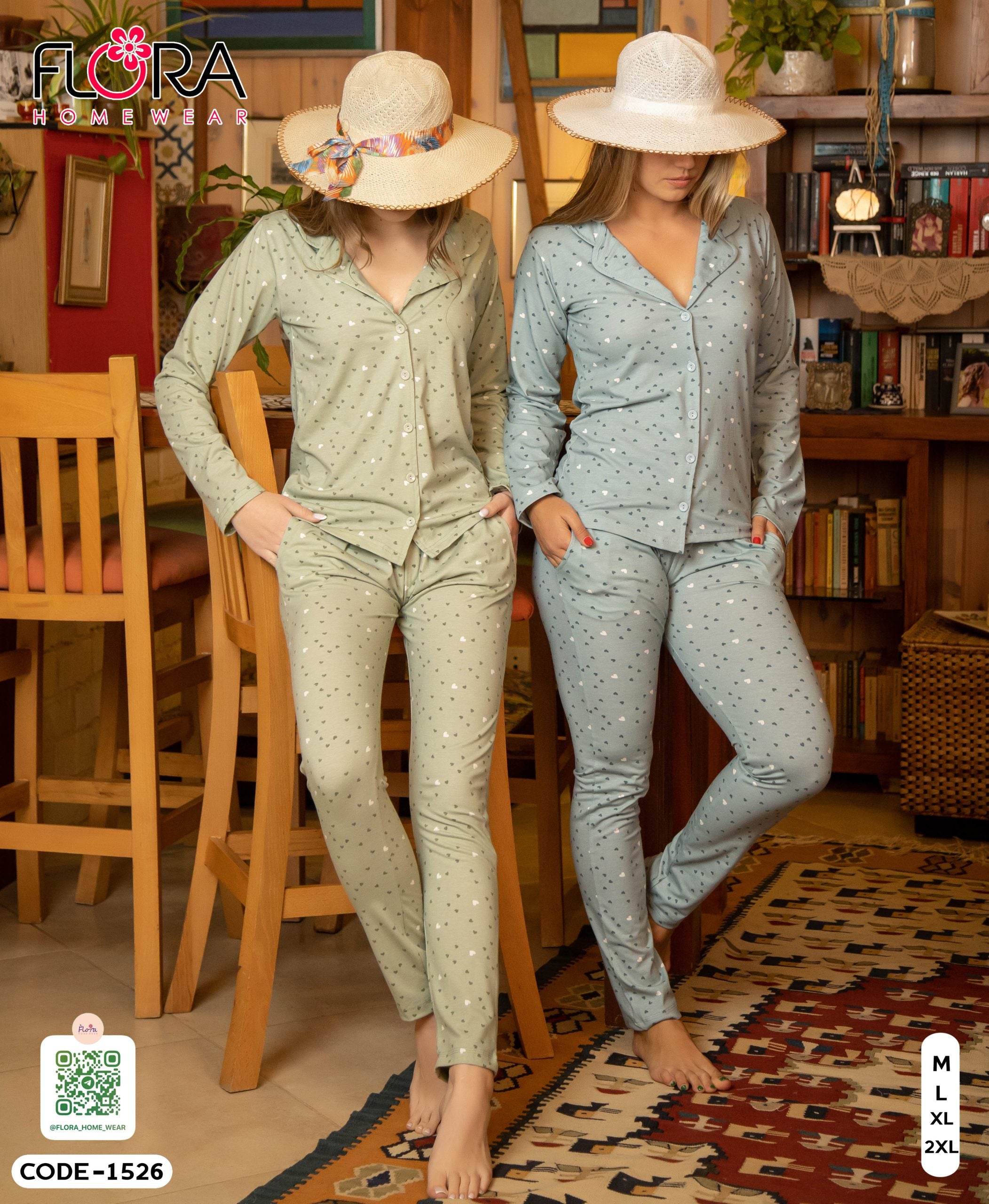 بيجامه حريمي خريفي بزراير قطن كود 1526